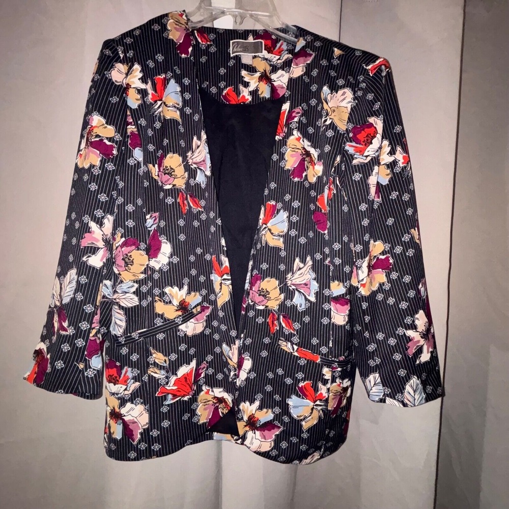 CHELSEA28 Women's Blue Pin Stripe Floral‎ 3/4 Ruched Sleeve Blazer Size Large